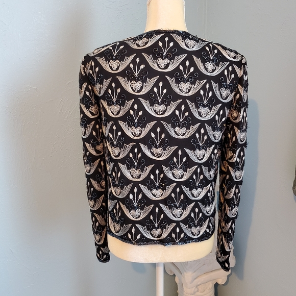 Papell Boutique evening sequence floral 100% silk blazer/jacket B2 - Picture 9 of 13